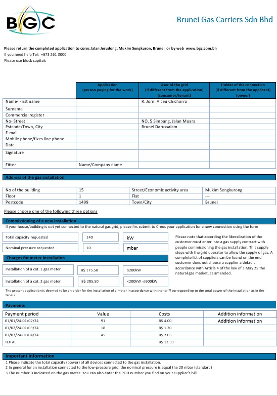 Brunei Gas Carriers gas business utility bill template in Word and PDF format